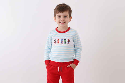 Blue character embroidery stripe pants set