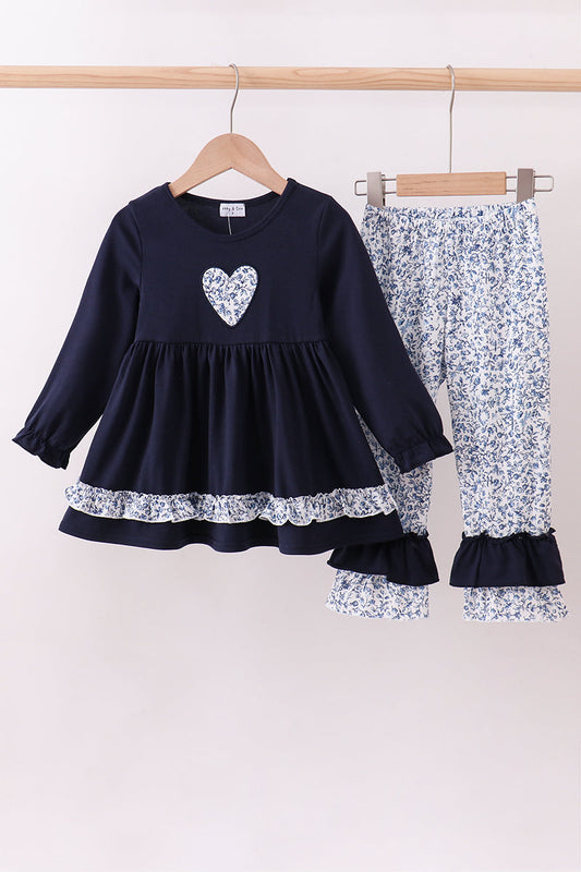 Navy heart floral applique ruffle pants set