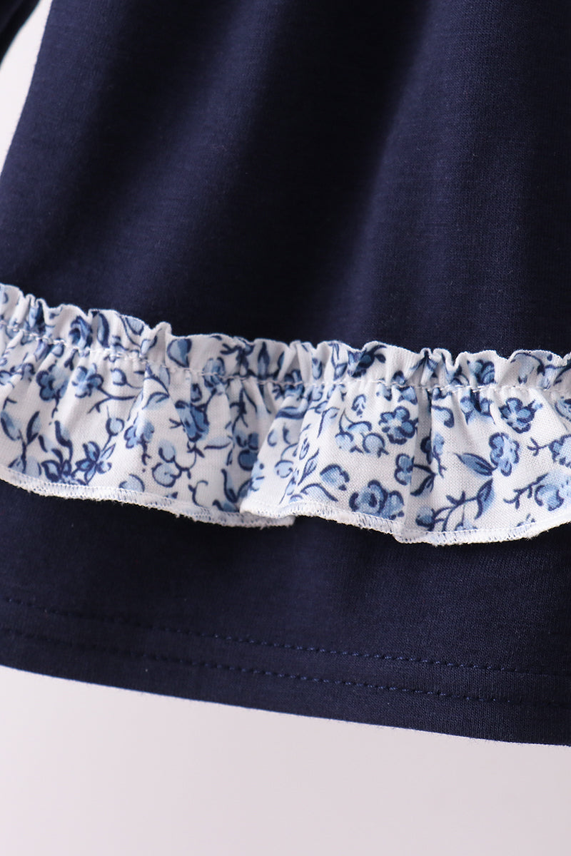 Navy heart floral applique ruffle pants set