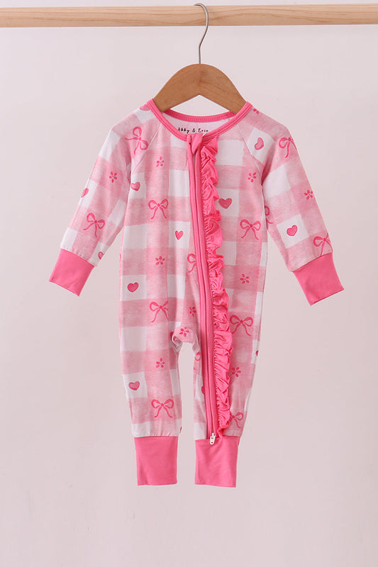 Pink heart checkered bamboo ruffle pajama zipper romper