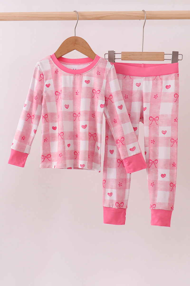 Pink heart checkered bamboo pajama pants set