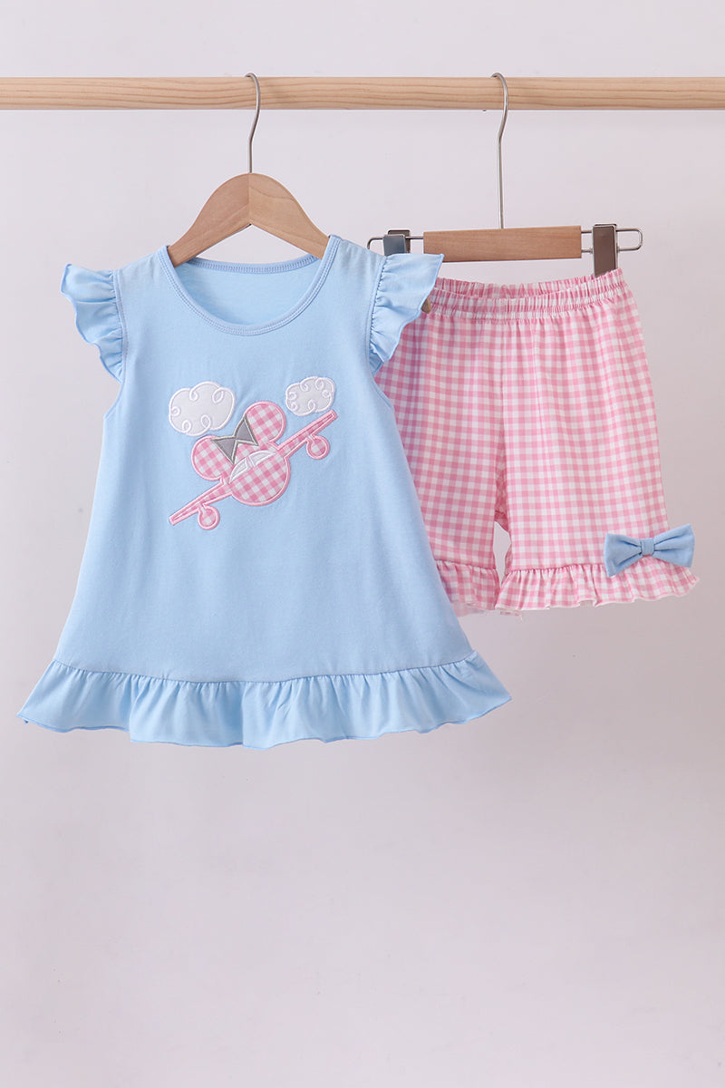 Blue character plane applique ruffle shorts est