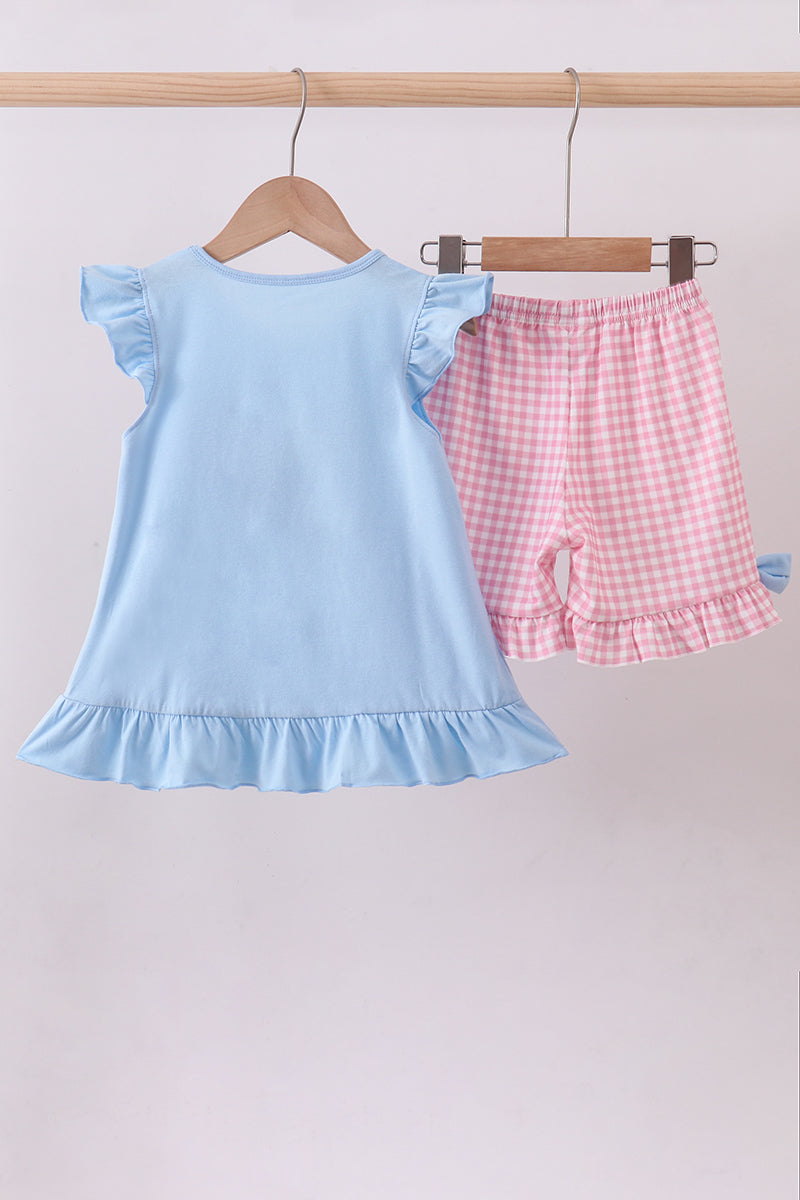 Blue character plane applique ruffle shorts est