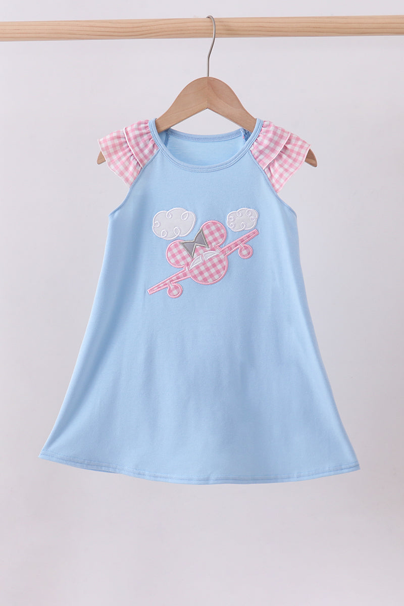 Blue character plane applique ruffle dress