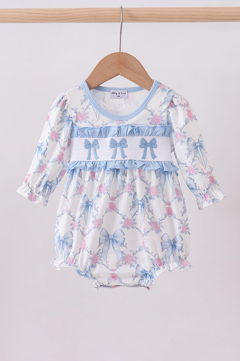 Blue bow floral smocked bubbe
