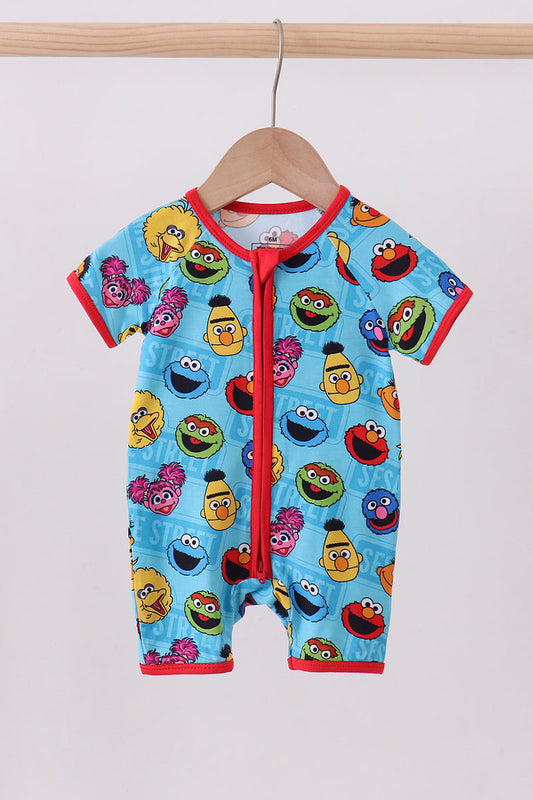 Blue character print bamboo romper
