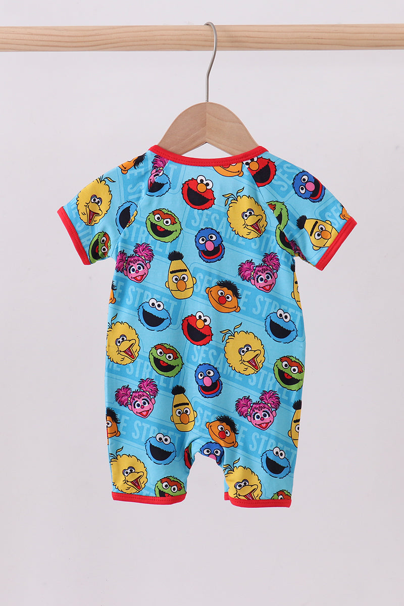 Blue character print bamboo romper
