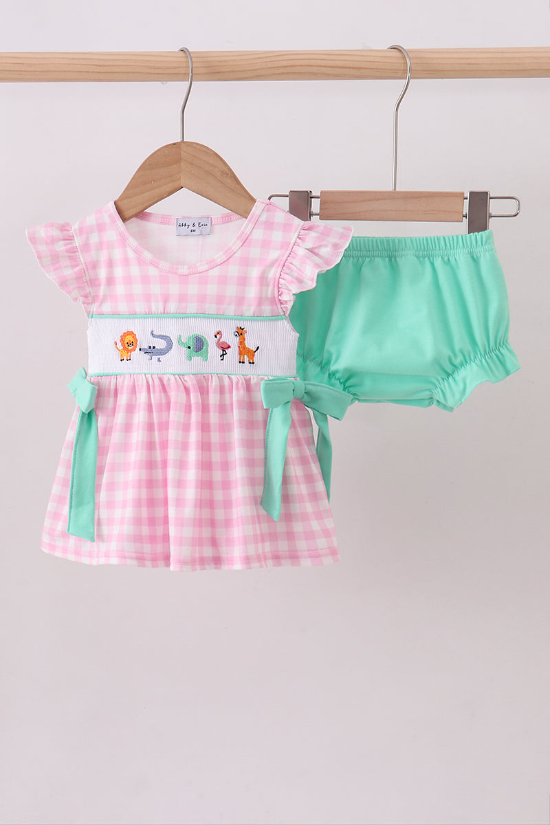 Pink zoo smocked ruffle bloomer set