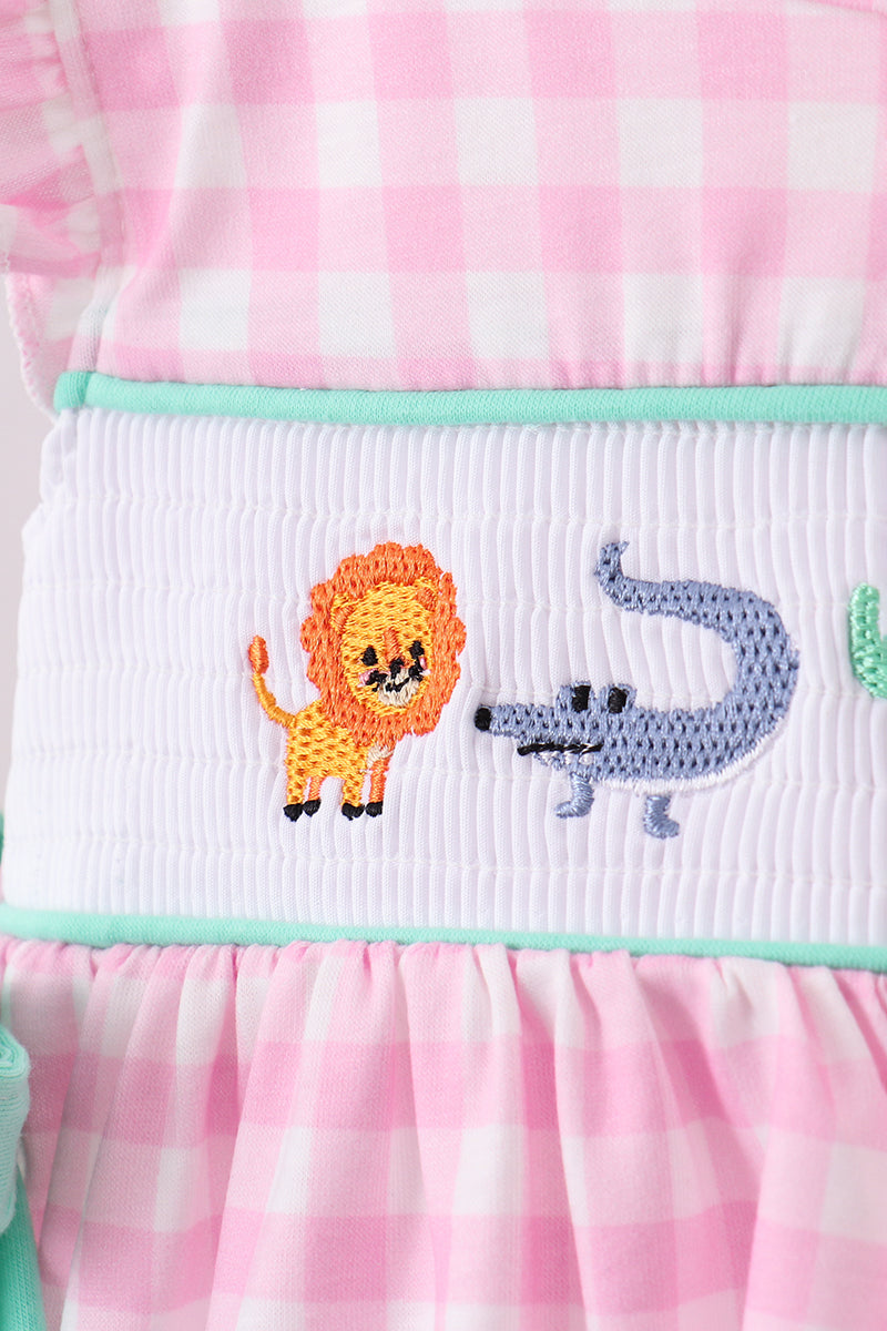 Pink zoo smocked ruffle bloomer set