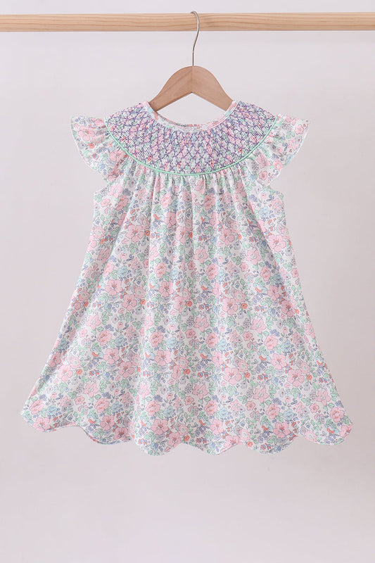 Green floral smocked ruffle dress