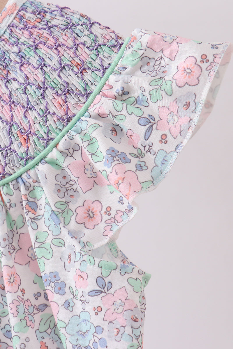 Green floral smocked ruffle dress