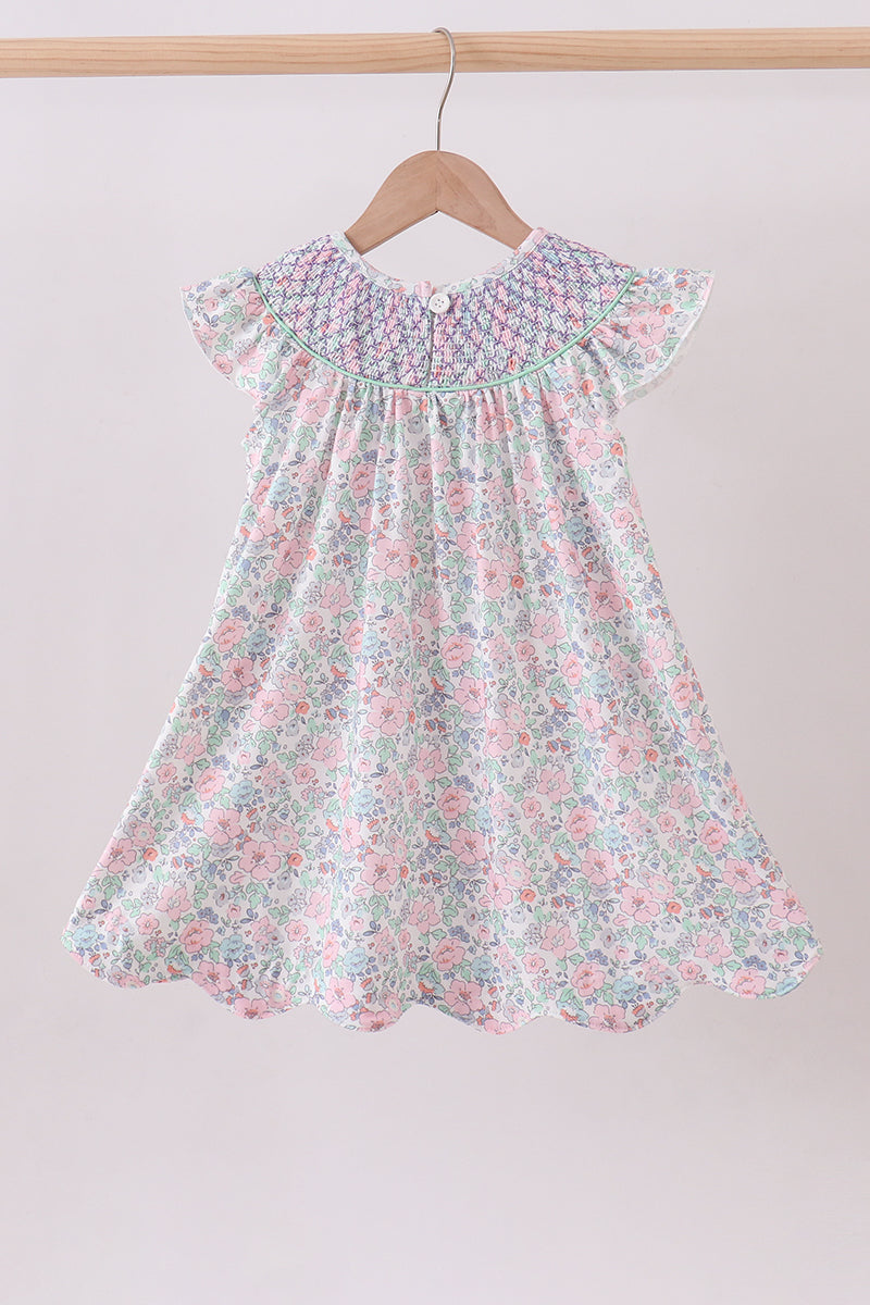 Green floral smocked ruffle dress
