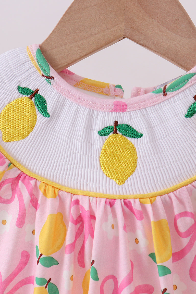 Pink lemon smocked bow print bubble