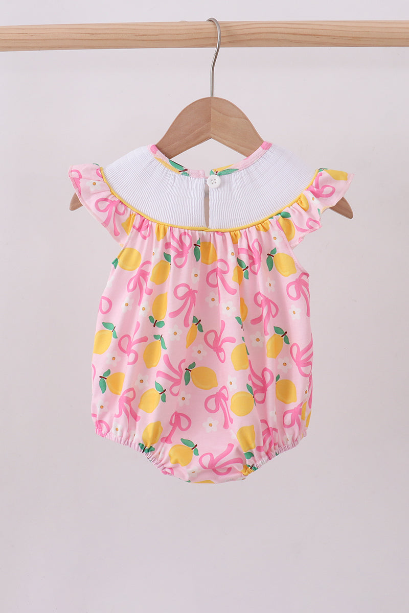 Pink lemon smocked bow print bubble