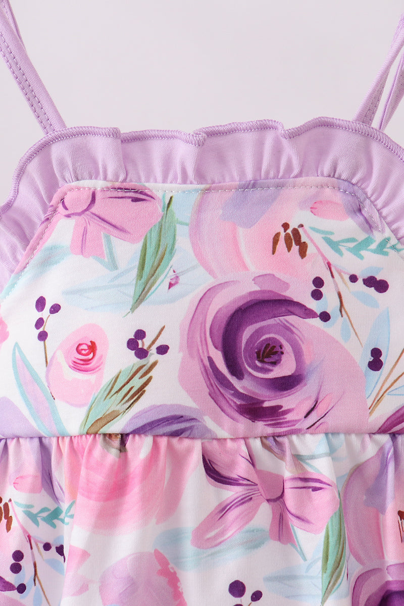 Purple floral print ruffle bubble