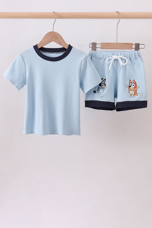 Blue character embroidery stripe shorts set
