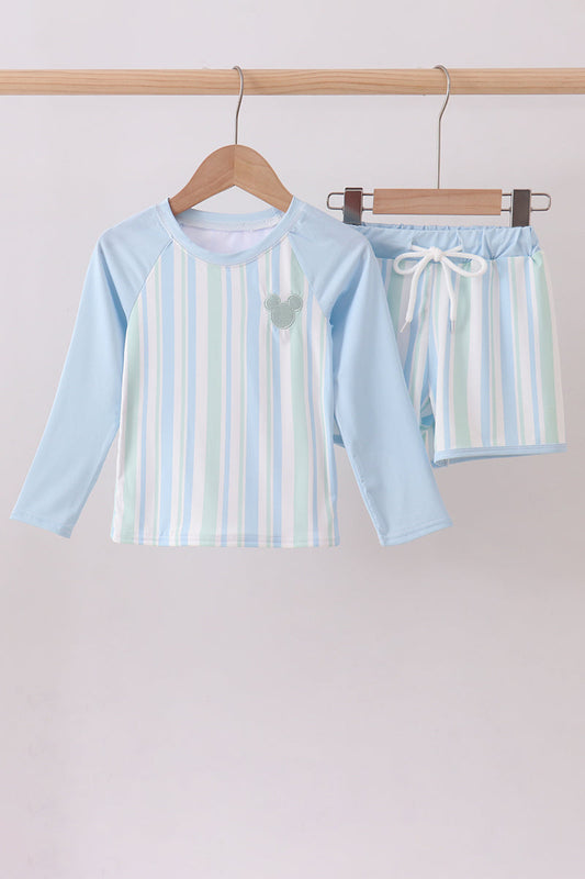 Blue character embroidery stripe long sleeve swimsuit
