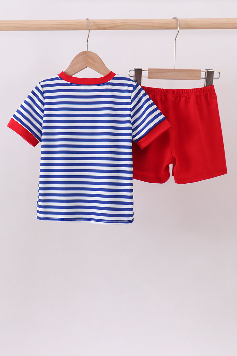 Blue stripe character applique shorts set