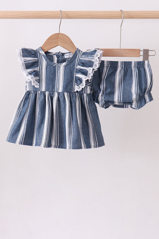 Navy stripe linen ruffle bloomers set