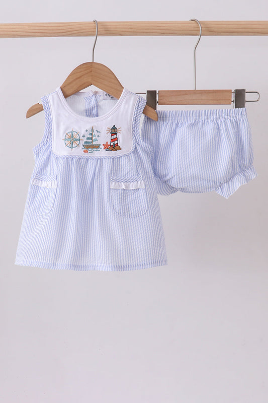 Blue sailboat seersucker bloomer set