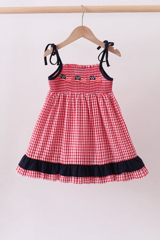 Red flag smocked gingham ruffle dress