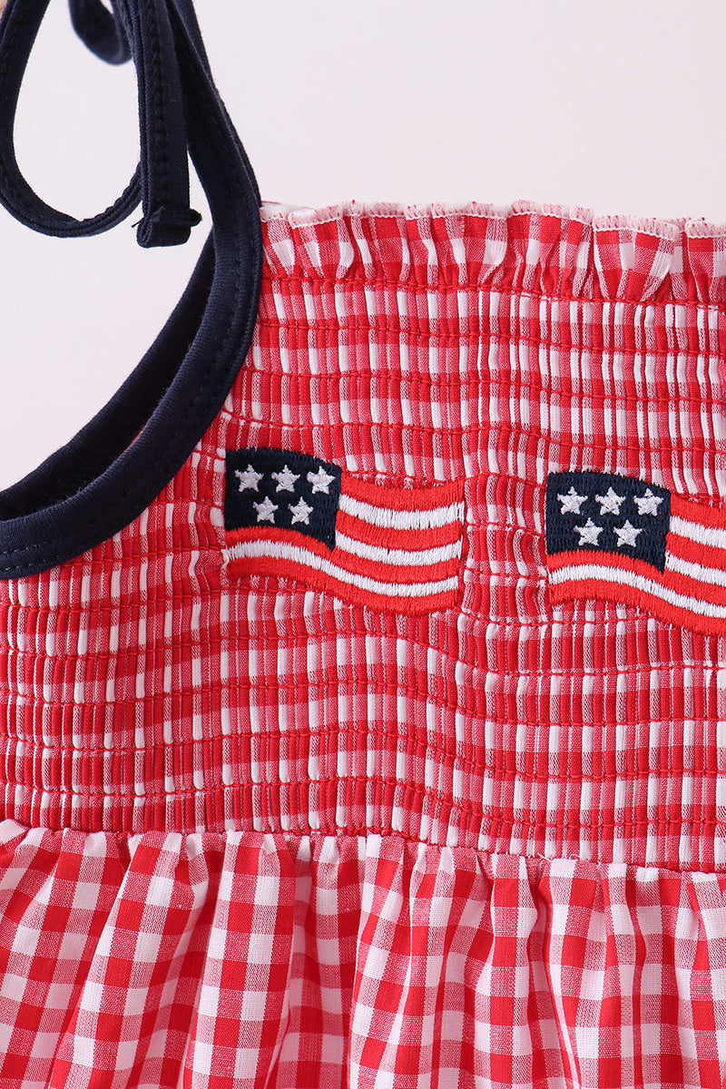 Red flag smocked gingham ruffle dress