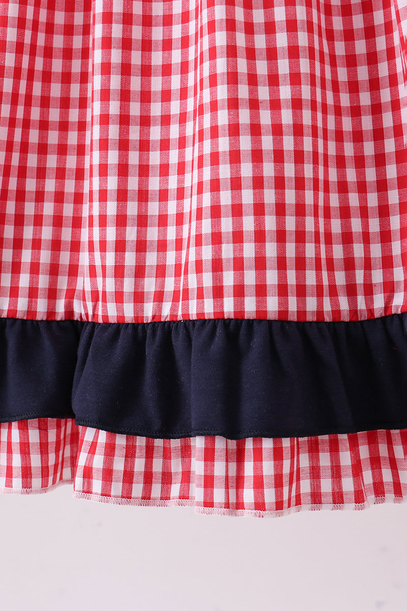 Red flag smocked gingham ruffle dress