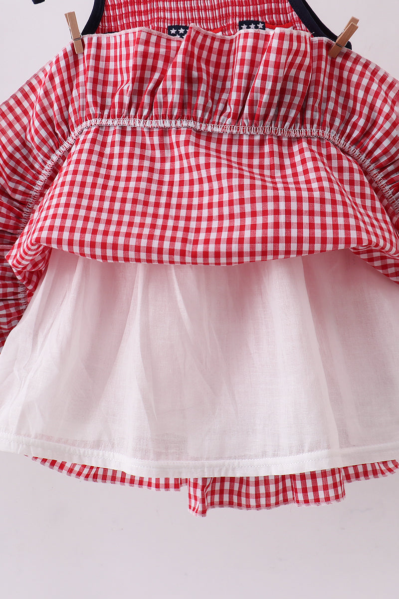 Red flag smocked gingham ruffle dress