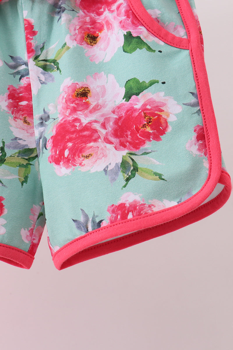 Pink floral I love Dad embroidery shorts set