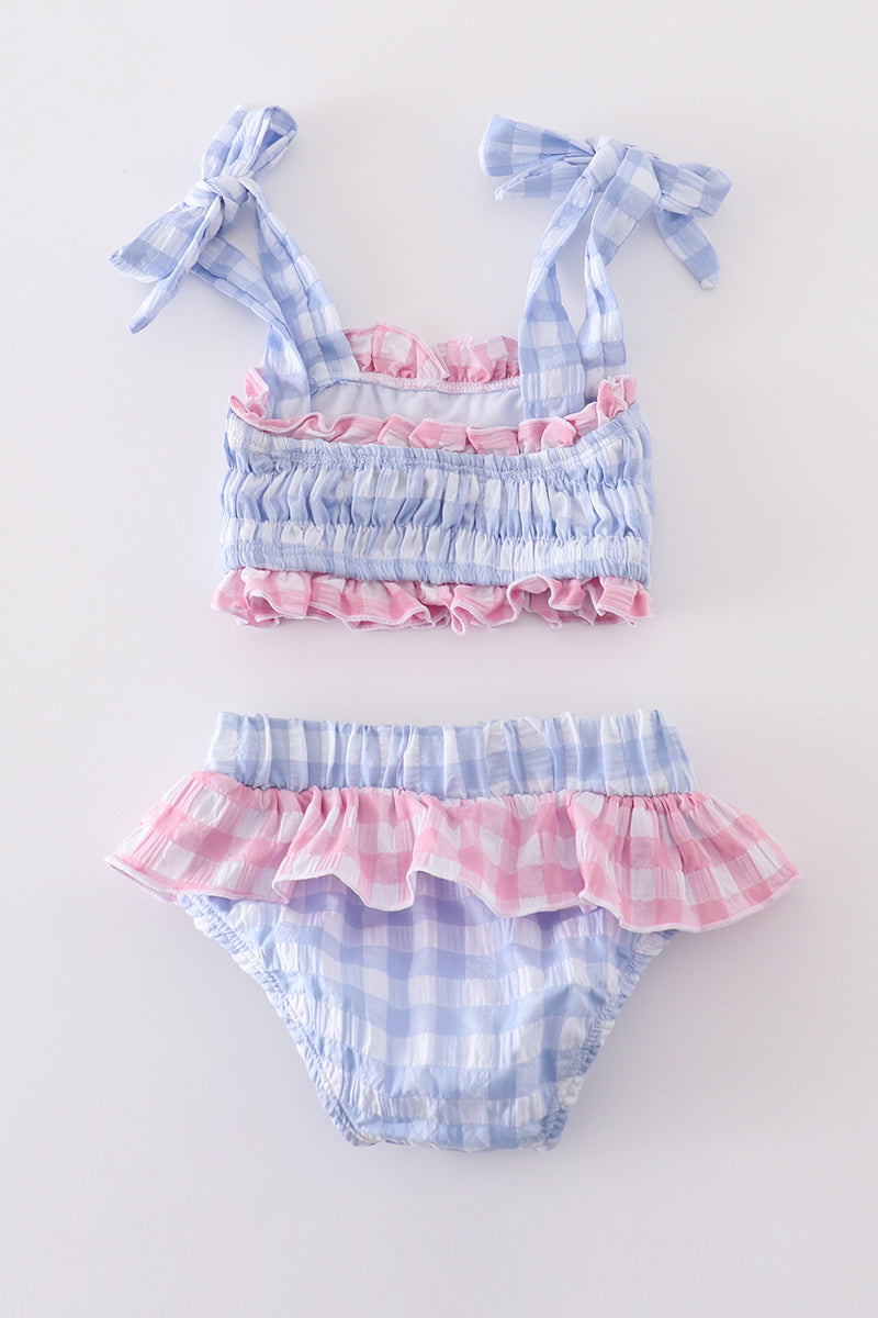 Blue seersucker gingham 2pc swimsuit