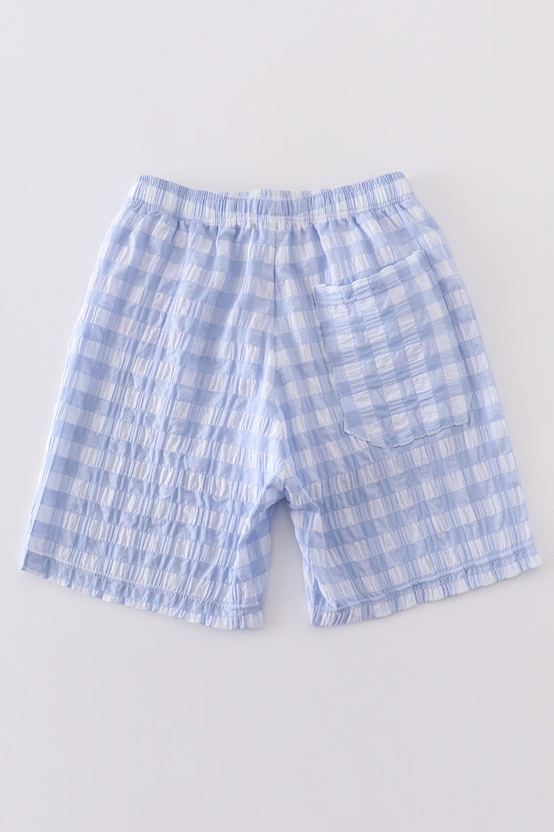 Blue seersucker gingham boy swim trunks