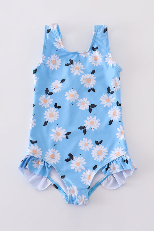 Blue daisy print one-piece girl swimsuit UPF50+